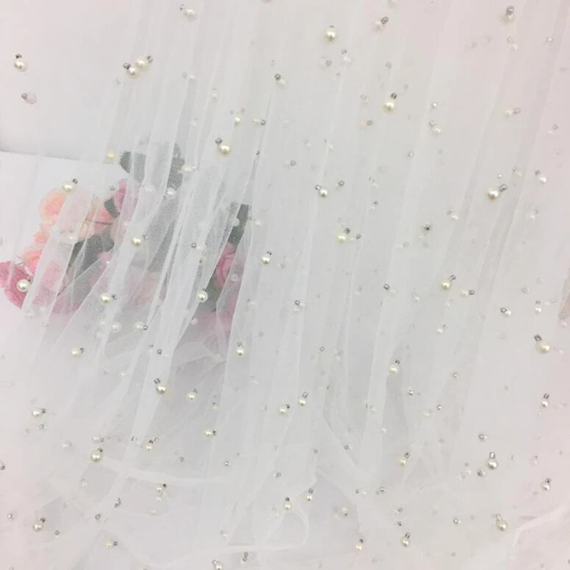 

1 Yard Embroidered wedding tulle mesh lace trim with pearls 140CM wide fabric for dresses in white pink and Black color