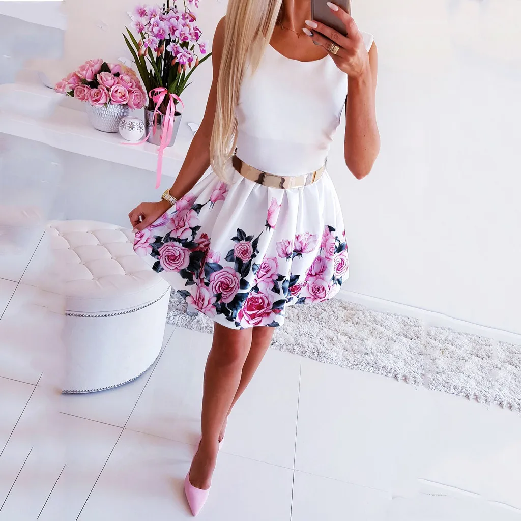 

2019 vetement femme Women Summer Office Cotton Fashion Dress Sexy Round-necked Rose Printed Dress floral Temperament dress modis