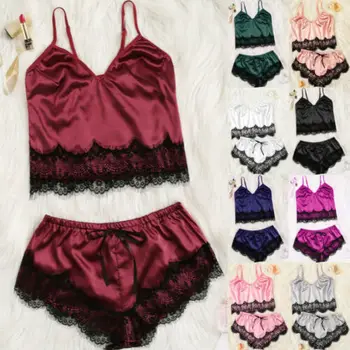 

2019 New Women's Sexy Satin Lace Sleepwear Babydoll Lingerie Nightdress Pajamas Sleeveless Tops + Mini Shorts 2pcs Set S-XL