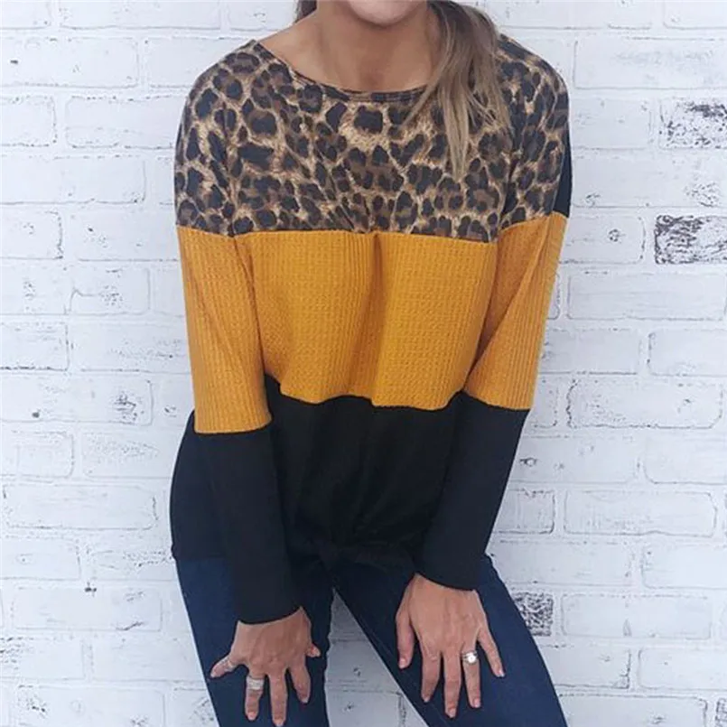 Sexy Loose Long Sleeve Color Patchwork Leopard Print Bandage Sweater Female Top Vintage Vetement Femme Clothes 40NV23 (8)
