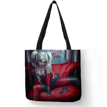 

Fabric Handbags For Women Lady Suicide Squad Comic Clown Print Folding Reusable Shopping Bag Casual Totes