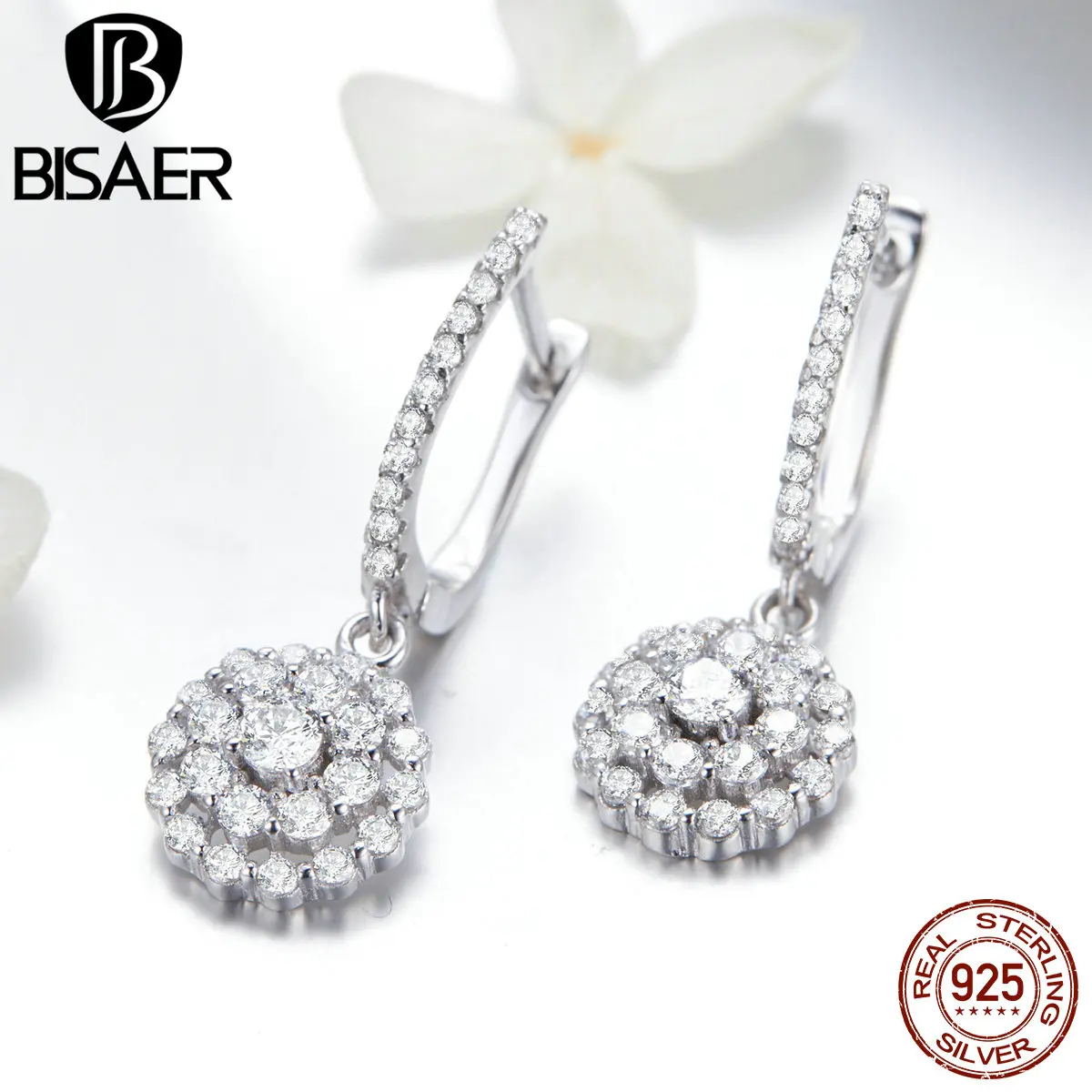 

BISAER Fashion 925 Sterling Silver Crystal Round Circle Stud Earrings for Women Zircon Earrings Sterling Silver Jewelry ECE517