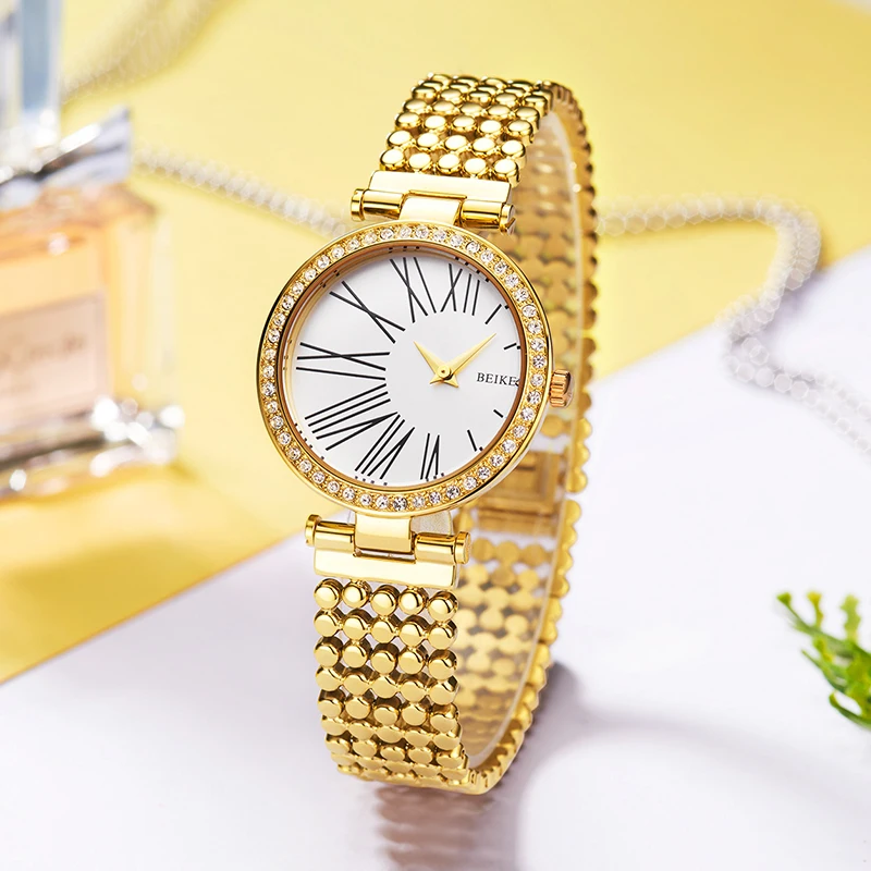 

Luxury Brand lady Watch Personality Roman numeral Dial Women Dress Watch Fashion Gold Watches Female Stainless Steel Wristwatch