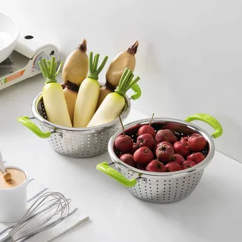 

Stainless Steel Double HandleKitchen Drain Basket Vegetable Fruit Rice Wash Basin Home Kitchen Storage Case