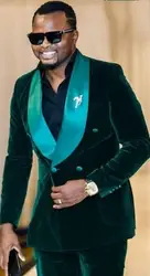 2019 Высокое качество Зеленый бархат для мужчин свадебное платье смокинг жениха двубортный мужской костюм куртка 2 шт. (coat + штаны)