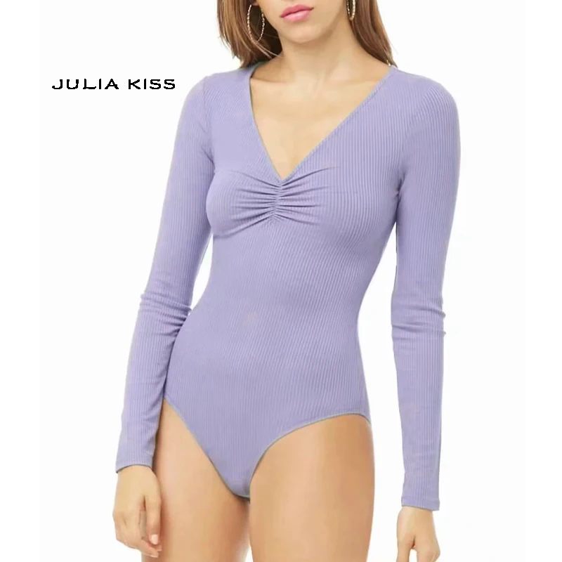 

Women Slinky V Neck Ruched Long Sleeve Bodysuit Ribbed Bodysuit