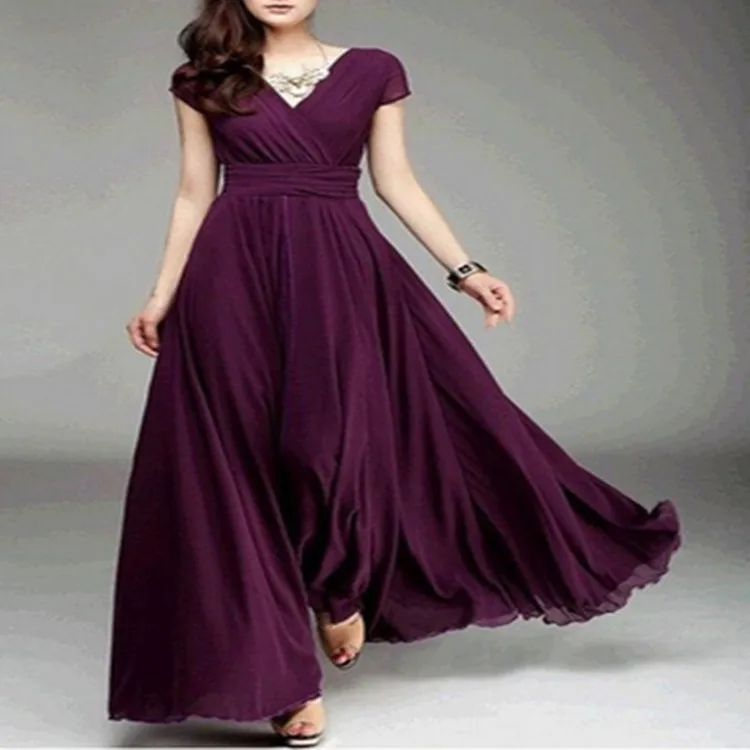 

New Summer Solid Dress for Women V Neck Short Sleeve Summer Dresses Ankle-Length Vestido