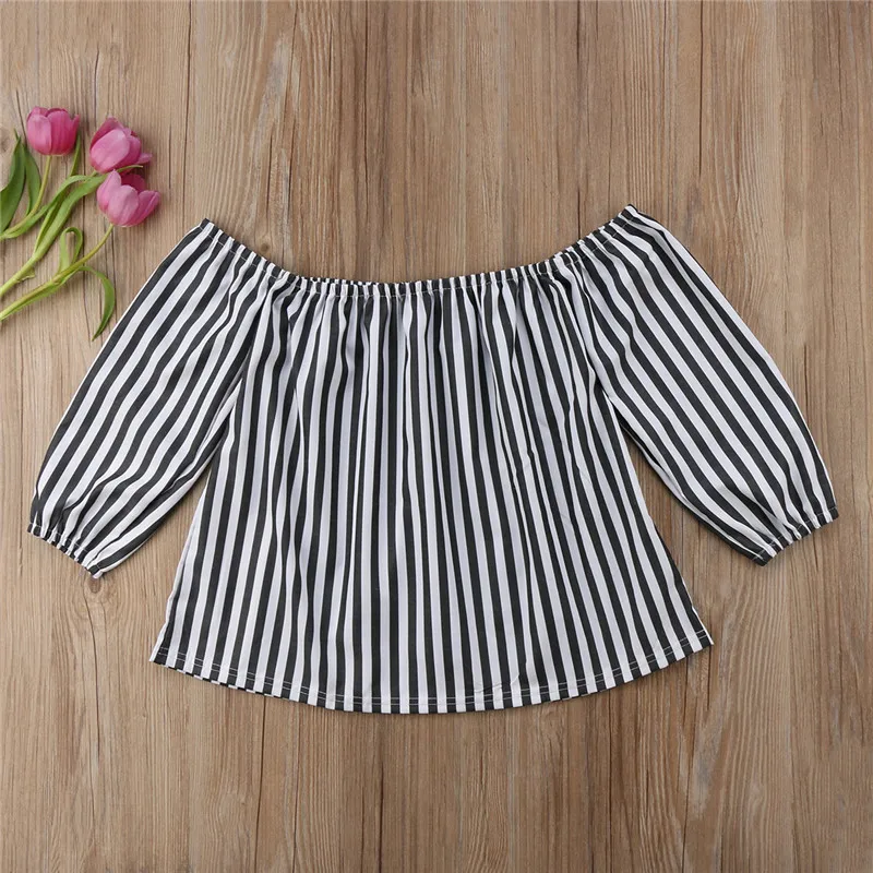 Family-Matching-Clothes-2018-White-Striped-T-shirts-Long-Sleeve-Off-shoulder-T-Shirt-Mother-And (3)