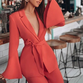 

Missord 2020 Sexy Deep V Blazer and Pants Two Pcs Sets Elegant Solid Color Speaker Sleeve Formal Suits Jumpsuit FT19502