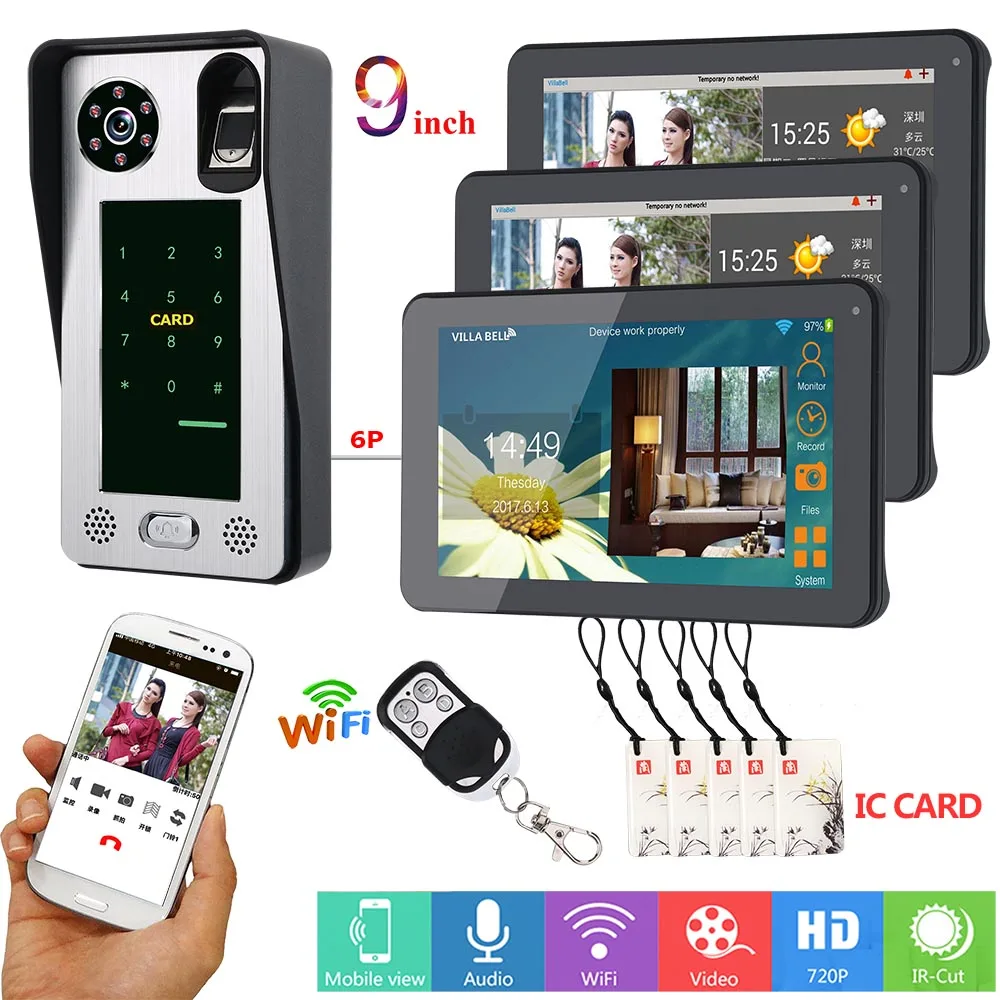 MOUNTAINONE APP Control 9 Inch 3Monitors Wifi Wireless Video Door Phone Doorbell Intercom Fingerprint Password IC Card Camera