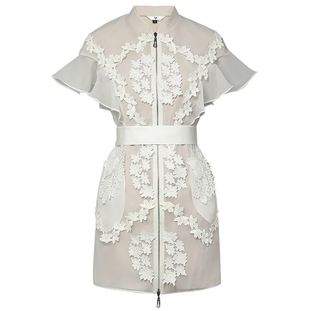 

New Retro Runway Designer Dress Lady 2018 High Quality Stand Collar Butterfly Sleeve Lace Patchwork Organza Women Short Dress