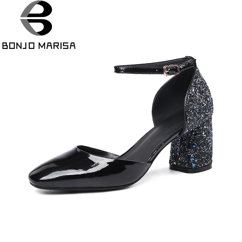 

BONJOMARISA new women's synthetic chunk high heels ankle strap cover heel solid shoes woman casual summer sandals big size 33-43