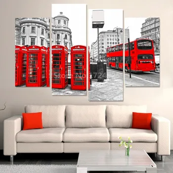 

4 Piece Telephone Booths And Bus Pictures Canvas Prints Home Decoration for Living Room Canvas Painting Print Cuadros No Frame