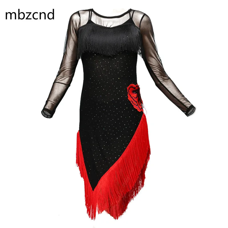 

Shining Latin Dance Dress Women Black Embroidered Fringed Skirt Female Adult Sexy Mesh Latin Dress Stage Performance
