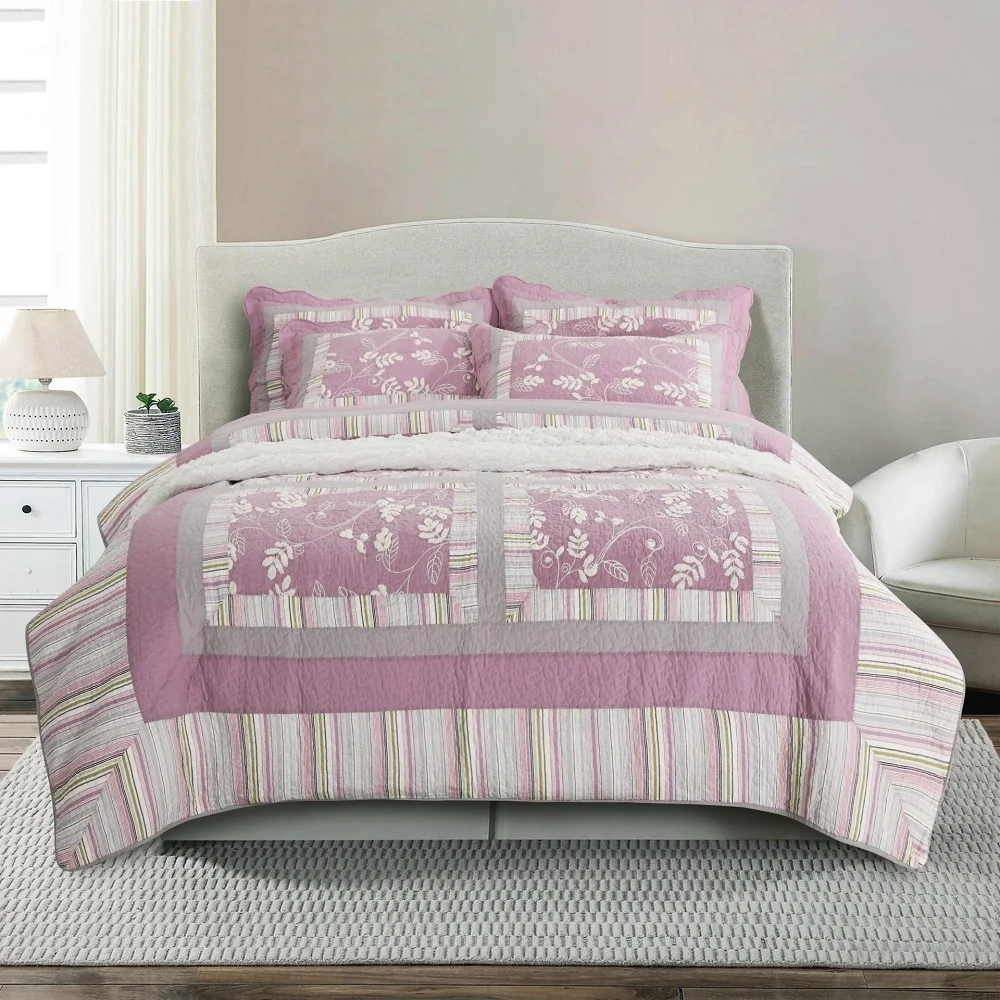 

CHAUSUB Quilt Set 3PCS/4pcs Korea Style Patchwork Cotton Bedspread Pillowcase King Queen Size Embroidered Coverlet Sets