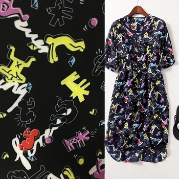 

Cute cartoon printing space cotton fabrics imported cotton abstract color thin air villain black