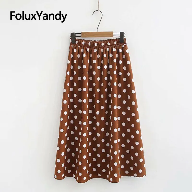 

2019 Summer Chiffon Skirts Women Plus Size Elastic Waist Loose Dot Casual A-line Mid-Calf Skirt KKFY3764