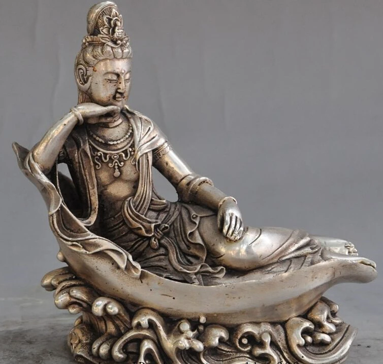 

[old craft ] 6"China buddhism silver sleep Kwan-Yin GuanYin Bodhisattva goddess buddha statue