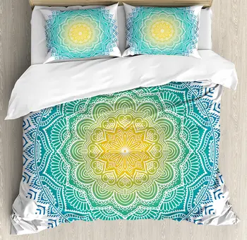 

Mandala Duvet Cover Set Aquatic Color Mandala Pattern with Sun in Center Asian Art Meditation Zen Bedding Set Yellow Green Blue