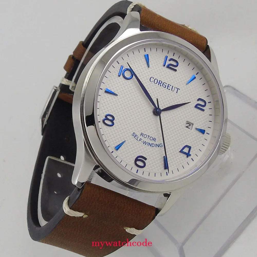 42mm corgeut white dial blue marks Sapphire Glass miyota Automatic mens watch C100 | Наручные часы