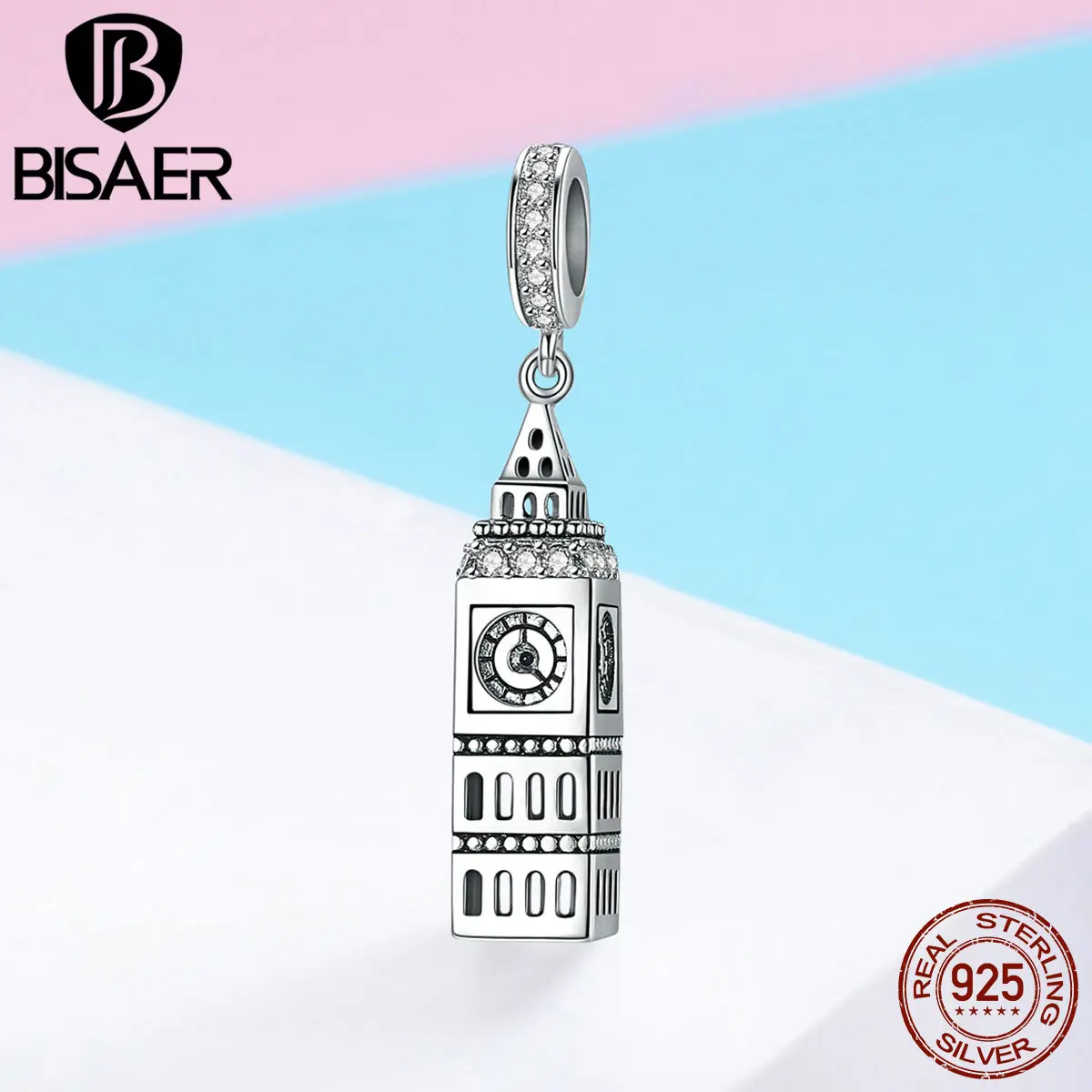 

BISAER Charm 925 Sterling Silver Retro British Big Ben Building Beads for Women Jewelry Making European s925diy Jewelry GXC868