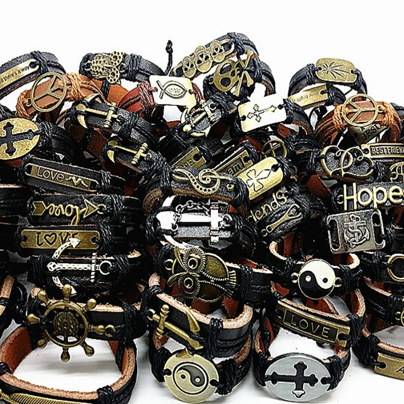 

2019 Wholesale lots bulk 30pcs men bracelet leather lot genuine copper alloy cuff black brown bracelets women bangle jewelry