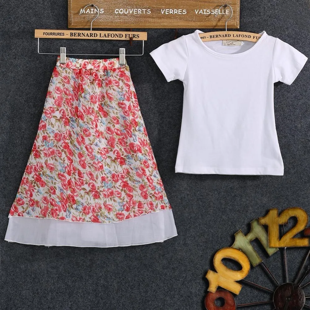 

Kid Baby Girl Clothes Set Solid Tee Short Sleeve Top+Floral Dress Clothing Set Bebe Outfit