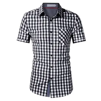 

Yfashion Men Shirts Casual Slim Lapel Short Sleeve Cotton Blend Mens Tops Plaid Shirt for Oktoberfest Mens Shirts