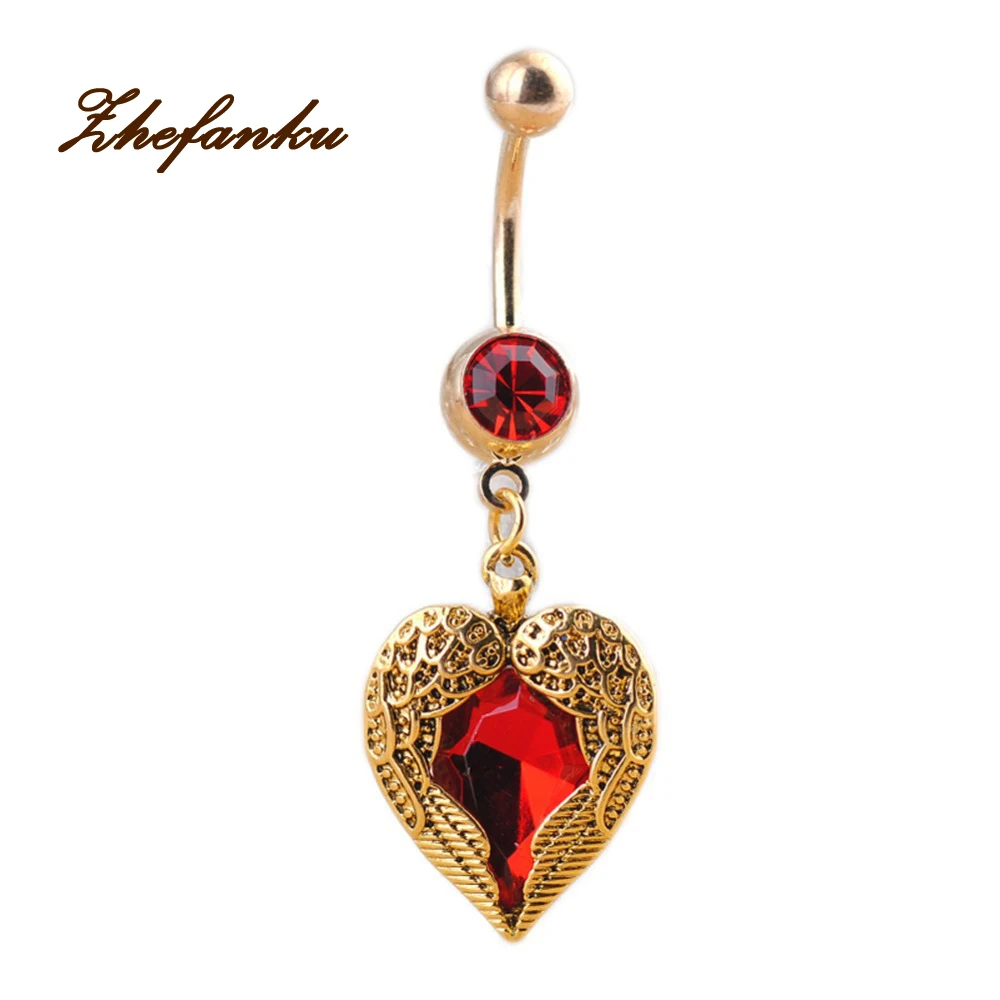 

Charming Body Piercing Jewelry Heart Wings Shaped Belly Red Rhinestones Inlaid Navel Bell Button Ring