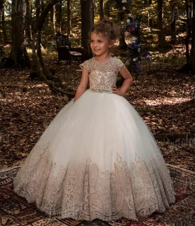 Тюль, цвет Шампань, бальное платье принцессы для девочек, Пышное Платье с цельнокроеным коротким рукавом с аппликацией, кружевное платье с цветочным узором для девочек на свадьбу