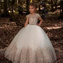 Тюль, цвет Шампань, бальное платье принцессы для девочек, Пышное Платье с цельнокроеным коротким рукавом с аппликацией, кружевное платье с цветочным узором для девочек на свадьбу