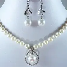 Дизайн 8 мм Чистый с белыми жемчужинами ожерелье кулон ожерелье серьги набор серебряные кварцевые Кристалл женские свадебные