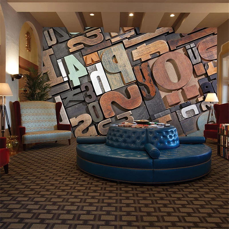 wall paper 3D stereoscopic wood grain color English letters PVC large mural Cafe Retro KTV bedroom wallpaper papel de parede
