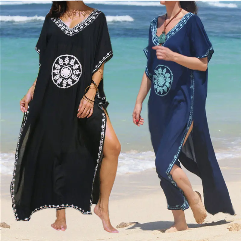 

Embroidery Cotton Beach Cover up Saida de Praia Swimsuit Women Bikini cover up Tunics for Beach Pareo Sarong Beachwear #Q643