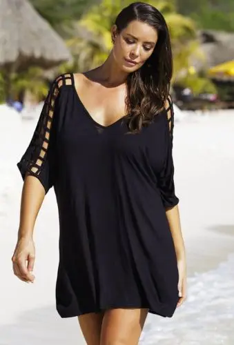 Женский купальник с v-образным вырезом размера плюс, пляжная одежда для женщин, бикини, пляжная одежда, накидка, кафтан, женские летние черные пляжные платья