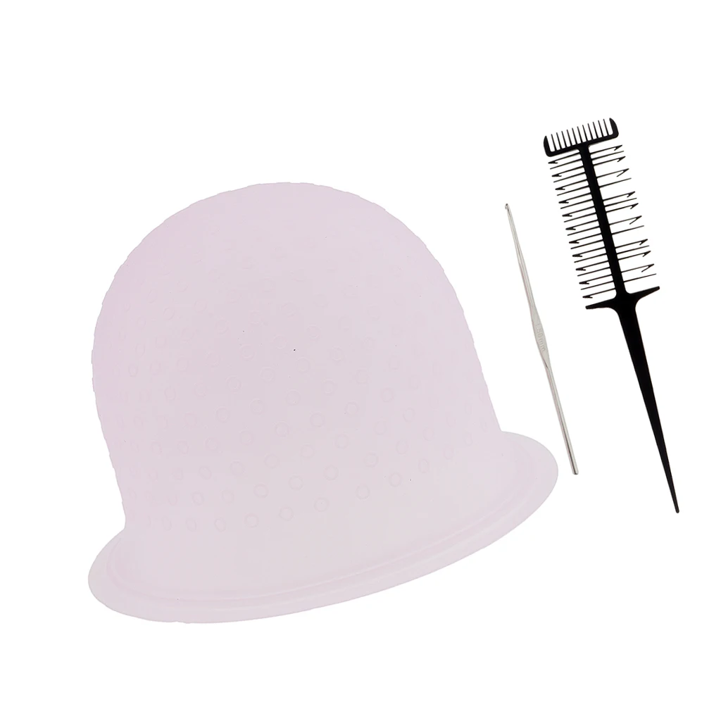 Reusable Salon Highlighting Dye Hair Coloring Frosting Cap + Metal Hook Pink+ 3 Way Sectioning Weave Highlighting Comb