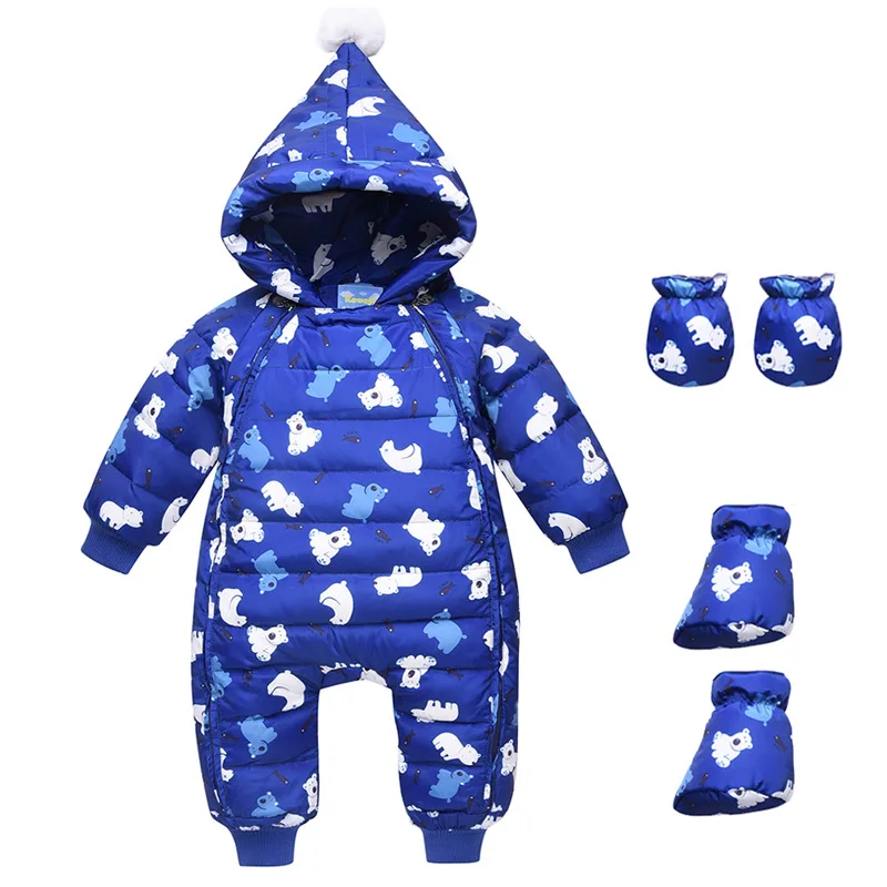 

Winter Warm Baby Girl Duck Down Rompers Infant Boy Thick Jumpsuit Snowsuit Kid Overalls Newborn Clothes 3pc Romper+Gloves+Shoes