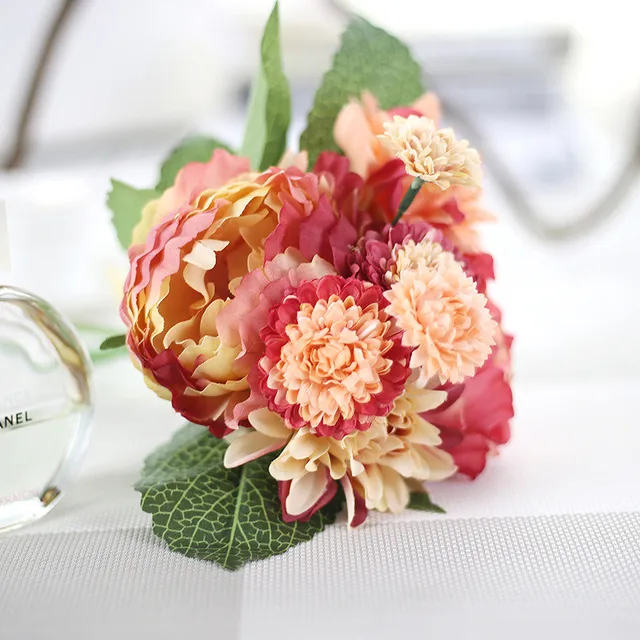 376 1 Bouquet Fleurs Artificielles Pivoine Dahlias Fleur De Soie Automne Vif Faux Feuille Mariage Maison Fête Décoration B Dans Artificielle Et