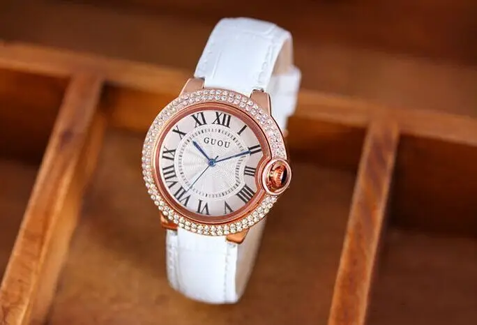 Image GUOU Wristwatches Quartz Watches High Grade Roman Scale Upscale Full Rhinestone Women s Watches Genuine Leather Color Optional