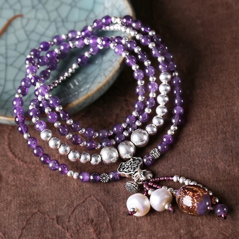 

Natural amethyst bracelet glass silver multi-layer multi-turn bracelet to send girlfriend Tanabata Valentine's Day gift