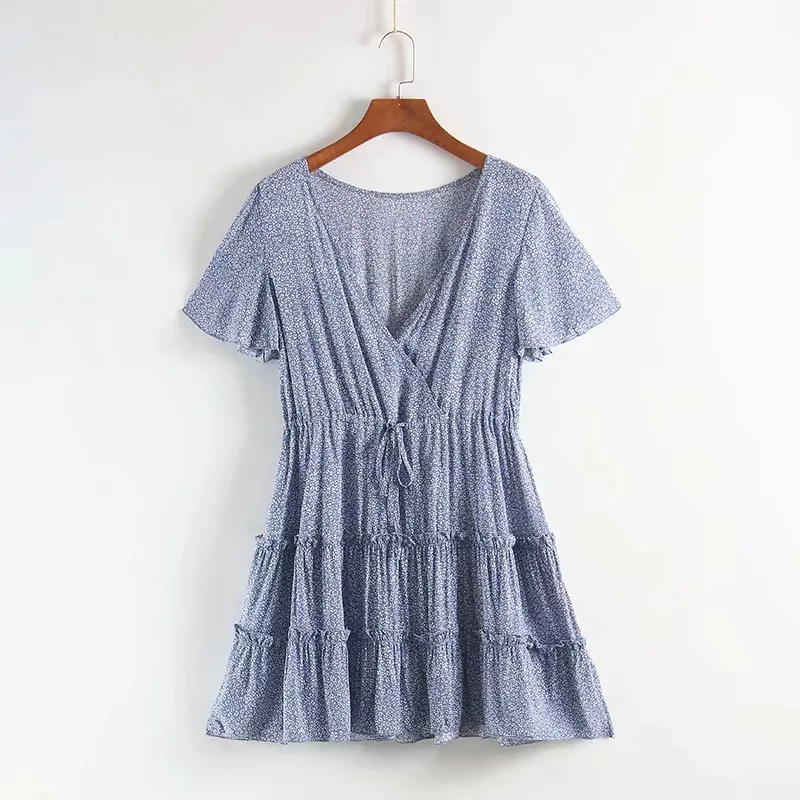 

LTD1199135 New 2019 Flowers Print Loose V-Neck Drawstring Short Sleeves Stringy Selvedge Beach Knee Dresses Women Vestidos