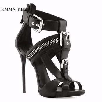 

Summer New Punk Style Women Sandals High Heels Metal Buckle Zipper Peep Toe Black White Stilettos Chaussures Femme Party Shoes