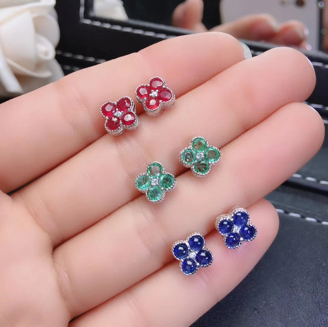 natural green emerald stud earrings Natural ruby sapphire earrings Elegant Lovely Clover S925 silver girl gift fine jewelry