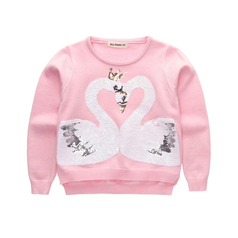 

2017 autumn and winter new girls, Korean version sequins, swan sweater, children's round neck sweater.