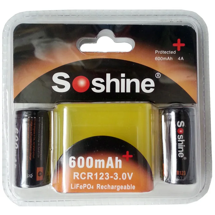 2 pieces Hot sale Soshine 600mAh RCR123 battery Rechargeable LiFePO4 16340 Battery with protective box