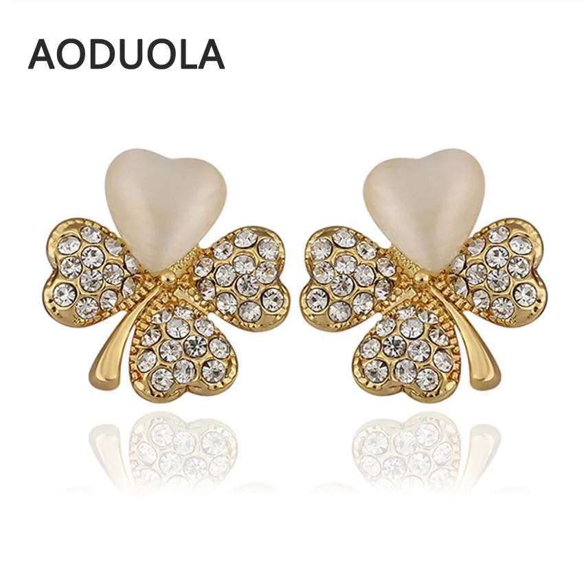 Gold Color Four Leafed Clover Stud Earrings with Semi precious Stone