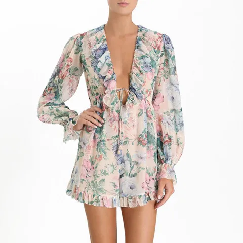 Women's New Summer Linen+ Silk Printing V-neck Long Sleeve Lacing Ruffle Fashion Playsuits