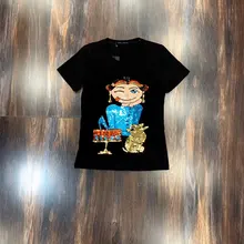 Женская хлопковая Футболка с рисунком героев мультфильмов и блестками, украшенная модными узкими короткими рукавами