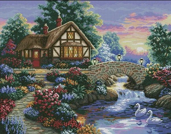 CS-992 cross stitch kit lake house home cottage swan bridge.jpg