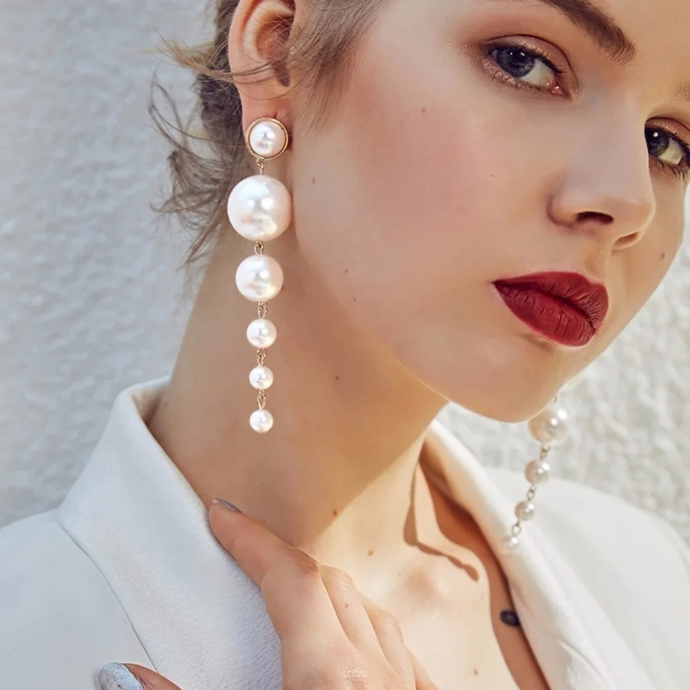 

Vintage Statement Big Simulated Pearls Long Dangle Earrings Gorgeous Wedding Chandelier Drop Earrings for Women Best Gifts